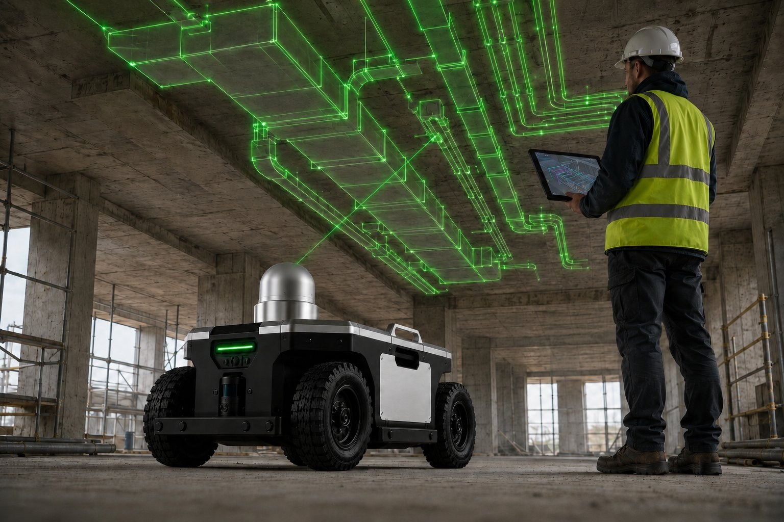 Concept visualisation: the robot aims its green laser upwards and traces the route of ventilation ducts and pipes onto the concrete ceiling; a worker holds a tablet with the matching 3D model.