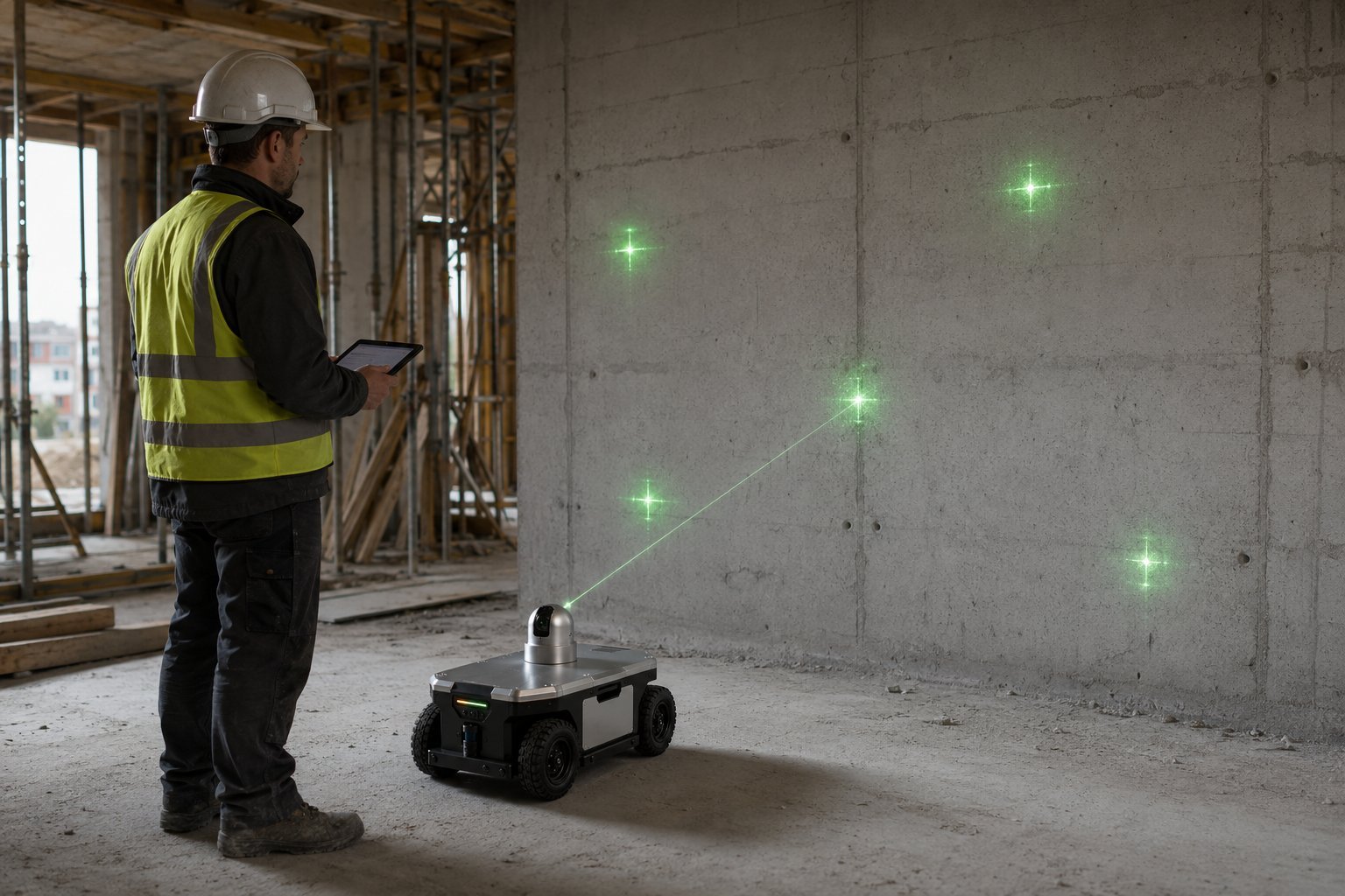 Concept visualisation: a compact PRALEX robot in the structural shell projects several green laser crosses as marking points onto a concrete wall; a worker with a tablet stands beside it.