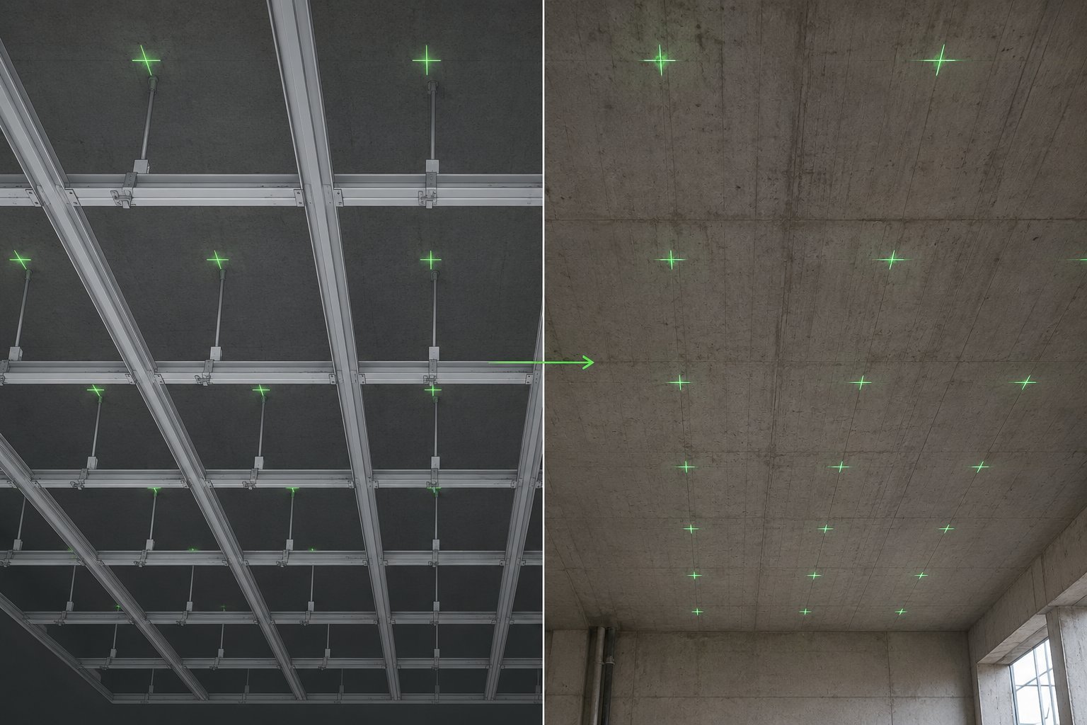 Diptych: on the left the 3D model of a suspended ceiling's substructure with suspension points marked in green, on the right the structural ceiling with green laser crosses in the same grid.