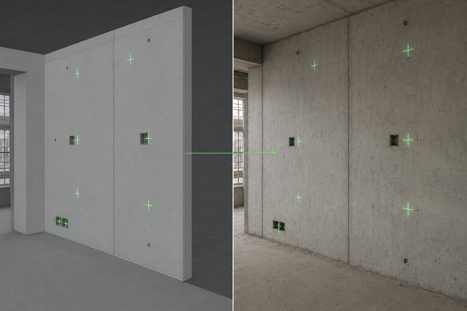 Diptych: on the left a 3D model view of a wall with points marked in green, on the right the same wall in the structural shell with green laser crosses at the same positions.