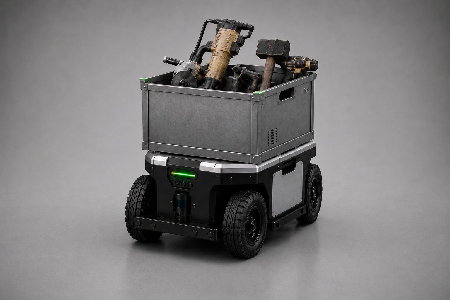 PRALEX follow-me robot — tool carrier with a steel basket. Concept visualisation.