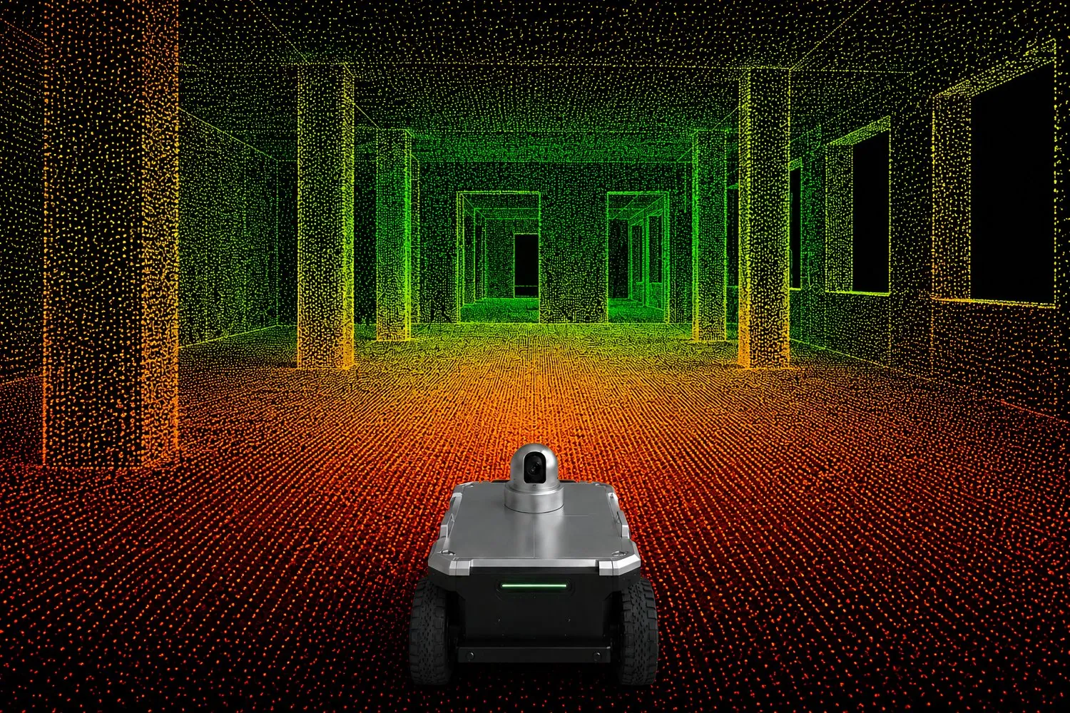 Concept visualisation: the same structural-shell room as a 3D LIDAR point cloud — floor, walls, columns and openings made of many individual points coloured by distance; the robot stands in the foreground.