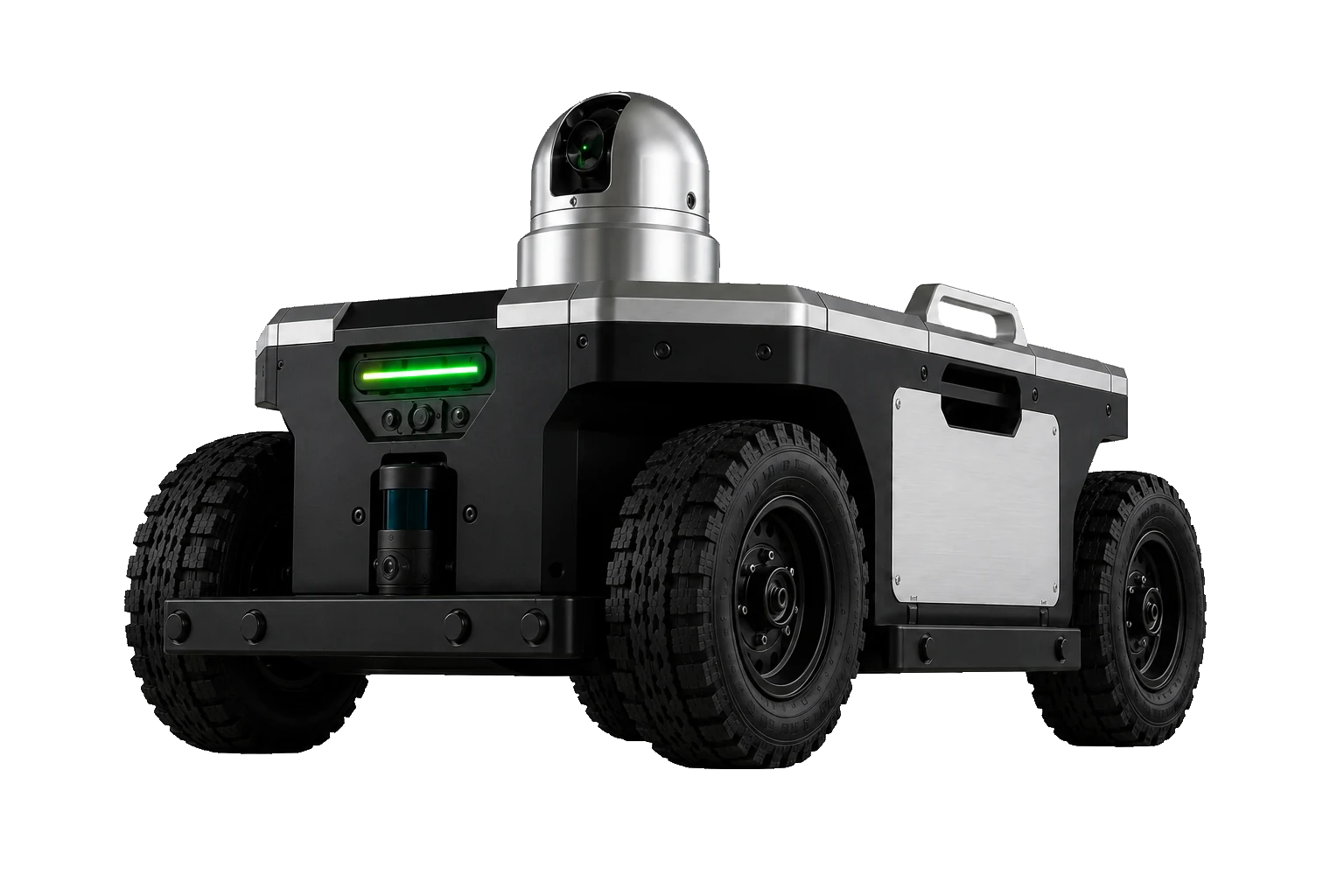 Design study of the PRALEX marking robot: aluminium chassis on all-terrain wheels, pan-tilt module with a green marking laser, status bar, LIDAR and camera. Concept visualisation, not a photo of an available product.